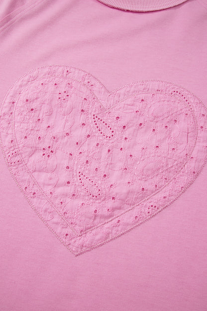 Pink Paisley Broderie Anglaise Valentine Heart Pattern Long Sleeve Patchwork Top