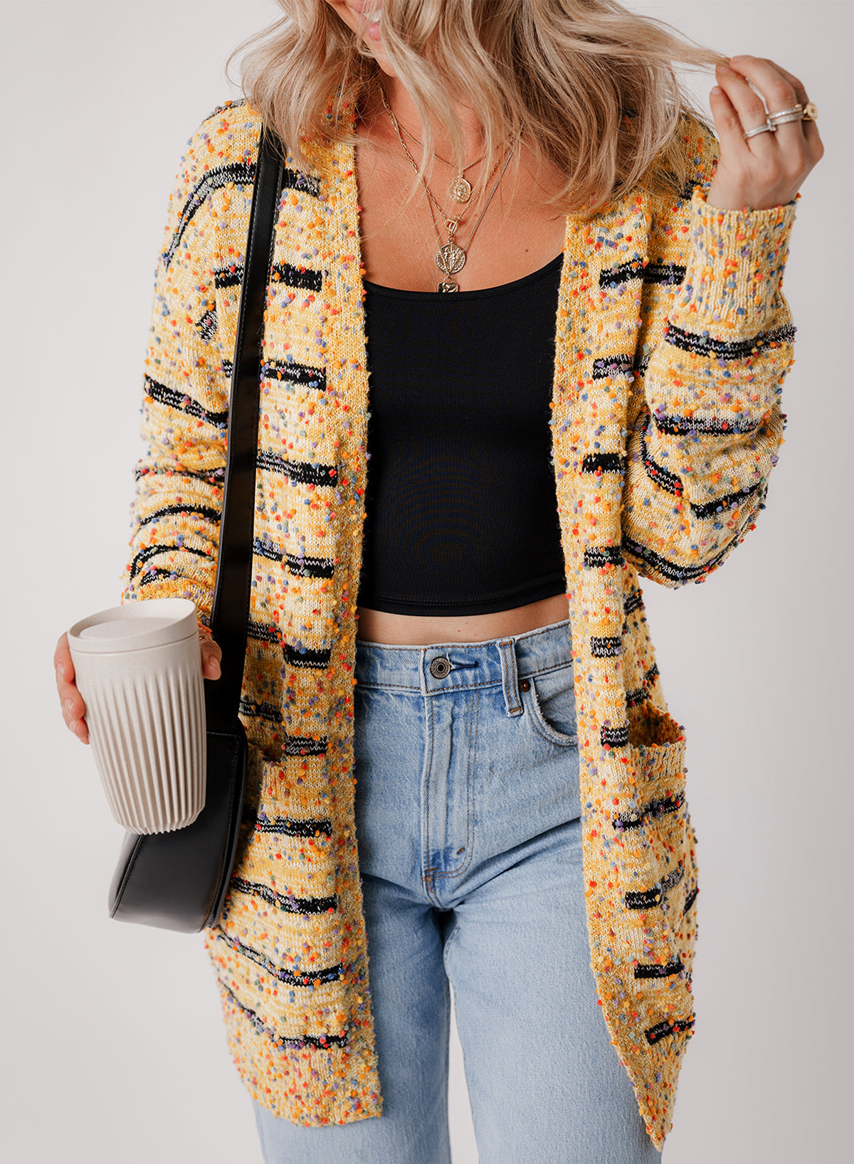 Beige Striped Pom Pom Knit Open Front Long Cardigan