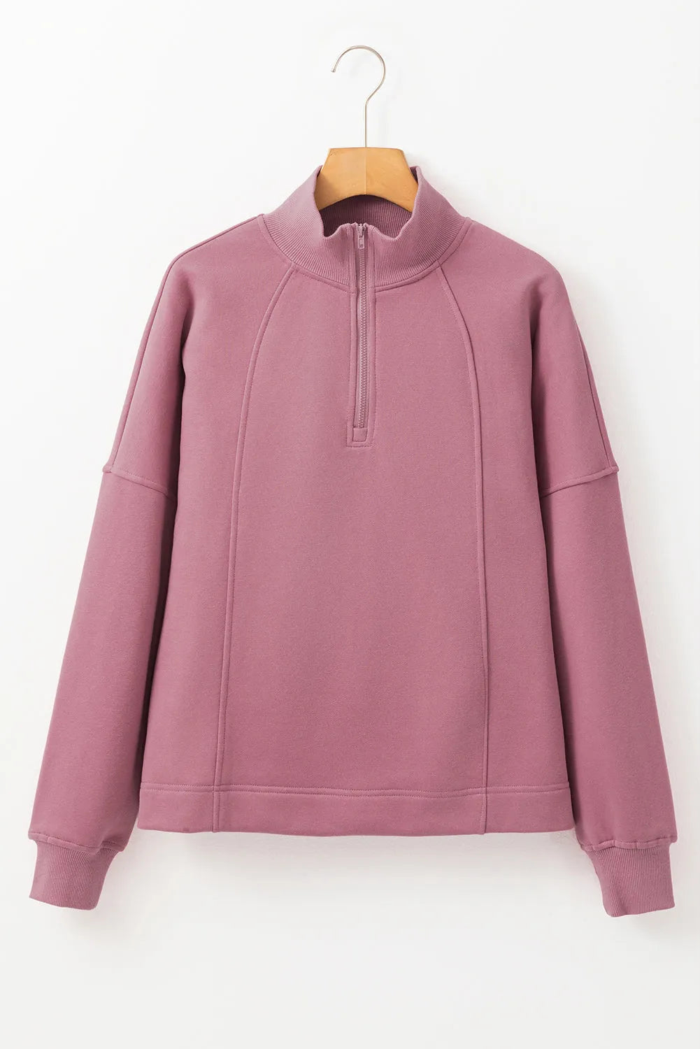 Fushia Zipped Neck Pullover Drop Shoulder Sweatshirt - Chic Meadow Boutique 