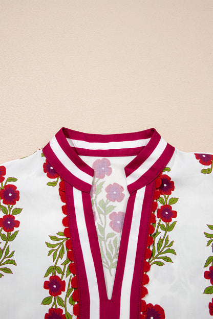 White Floral Short Bubble Sleeve Contrast Slit Neckline Blouse