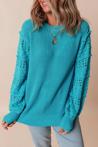 Turquoise Ruffled Eyelet Bubble Sleeve Sweater - Chic Meadow Boutique 