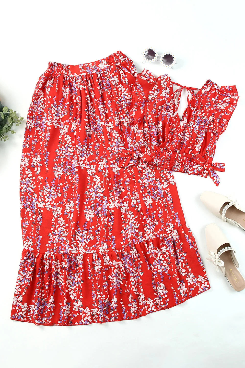 Fiery Red Multicolor Floral Ruffled Crop Top and Maxi Skirt Set - Chic Meadow Boutique 