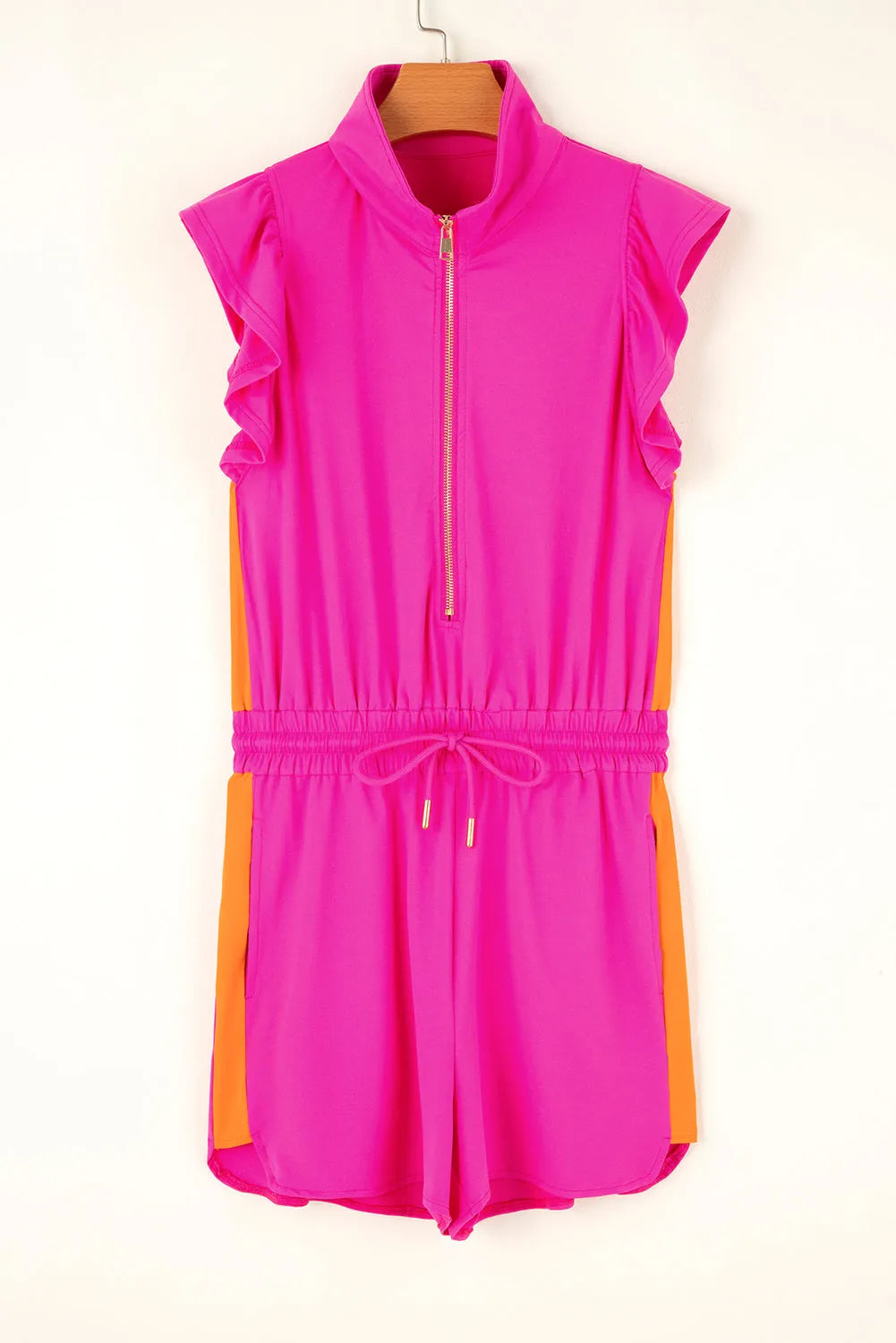 Rose Red Half Zip Ruffle Sleeve Drawstring Romper - Chic Meadow Boutique 