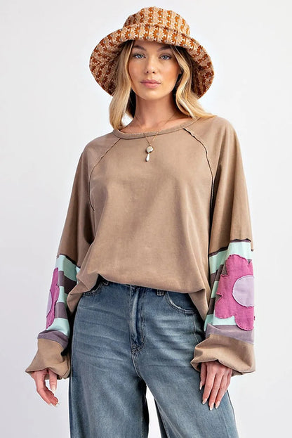 Dune Flower Patchwork Raglan Sleeve Exposed Seam Oversized Top - Chic Meadow Boutique 