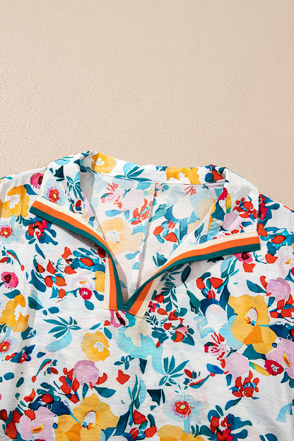 Peacock Blue Floral Print Slit V Neck Short Sleeve Blouse