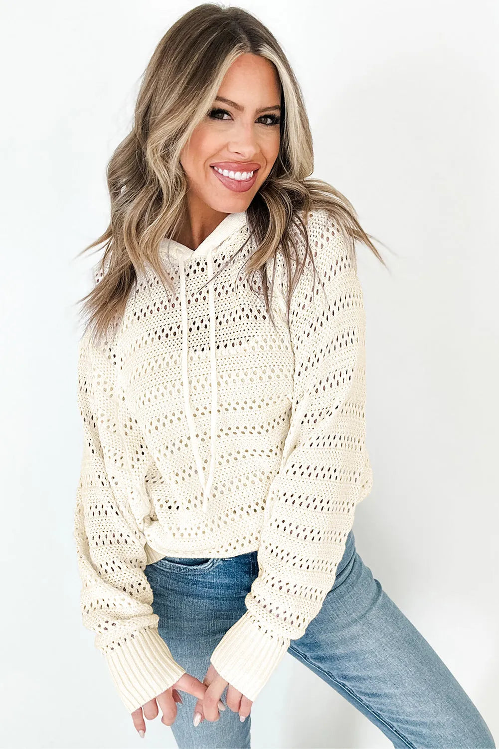 White Pointelle Knit Raglan Sleeve Hooded Sweater - Chic Meadow Boutique 