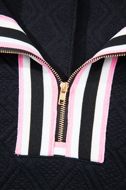 Color black Striped Collared Zip up Textured Skirt Set