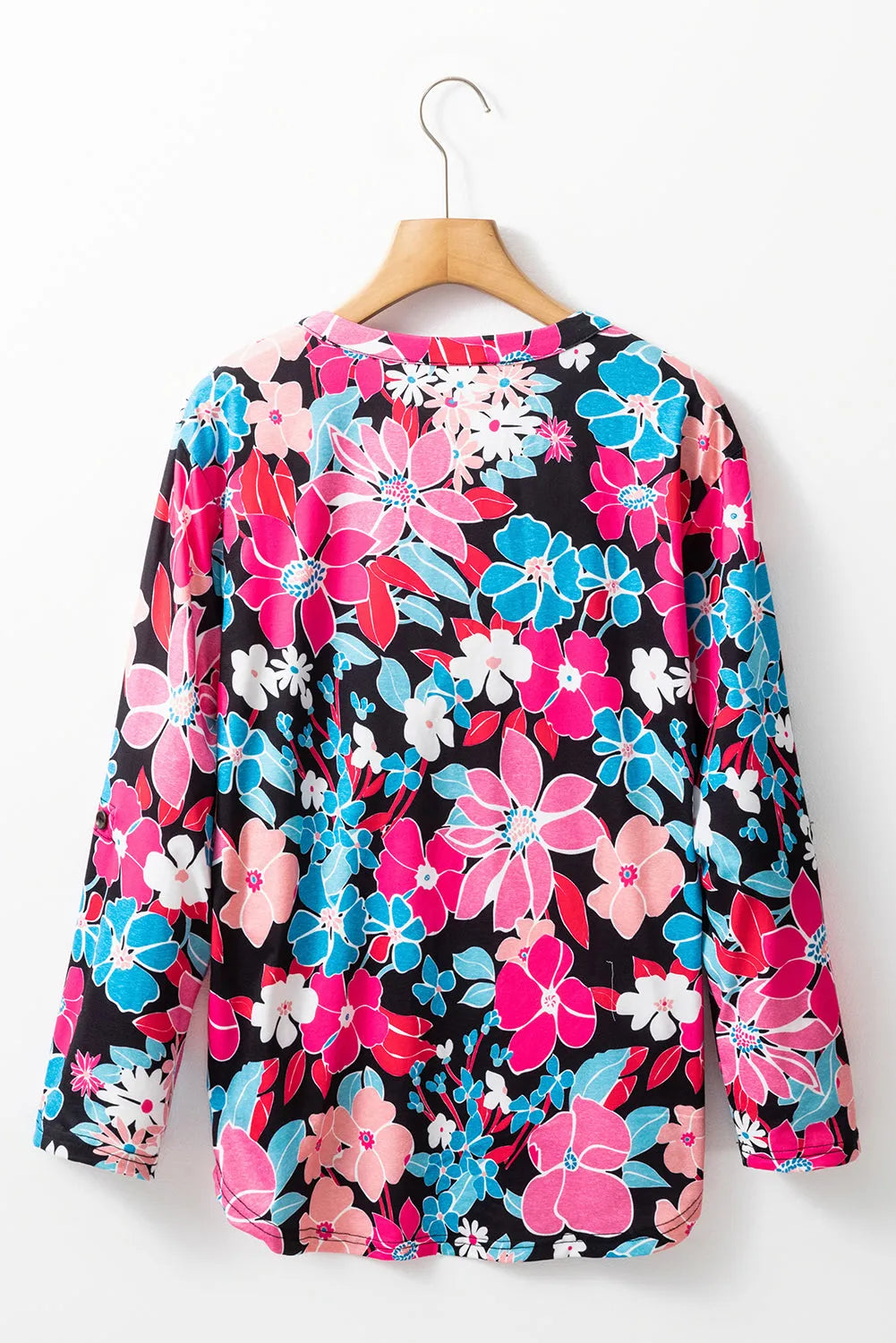 Pink Floral V Neck Roll Tab Sleeve Blouse - Chic Meadow Boutique 