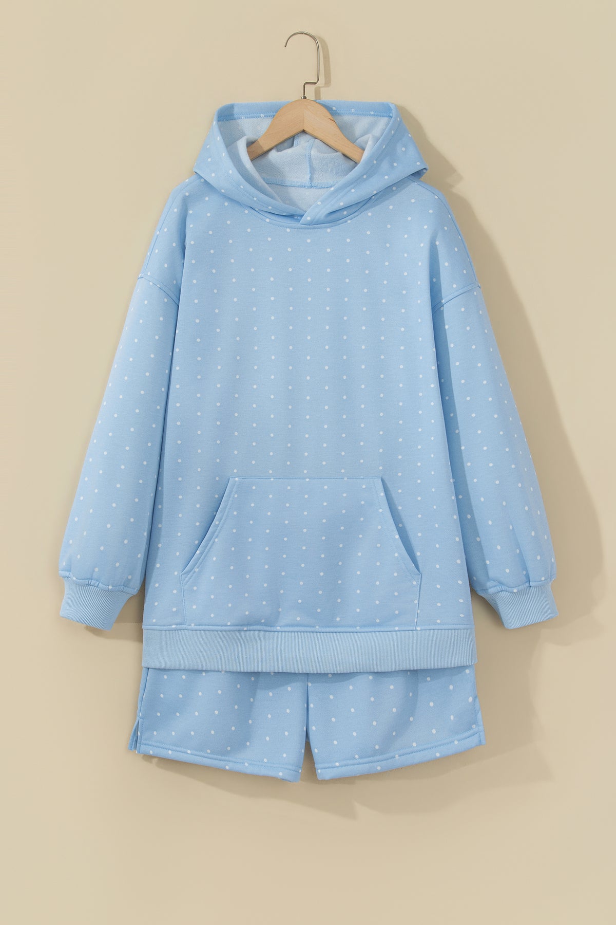Sky Blue Polka Dot Printed Oversized Hoodie Casual Shorts 2pcs Set