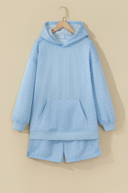 Sky Blue Polka Dot Printed Oversized Hoodie Casual Shorts 2pcs Set