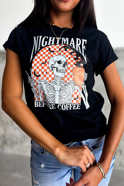 Black Nightmare Before Coffee Skull Checkerboard Graphic Halloween Tee - Chic Meadow Boutique 