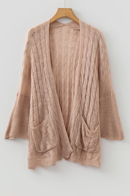 Old Rose Hollowed Pattern Knit Drop Shoulder Open Sweater Cardigan