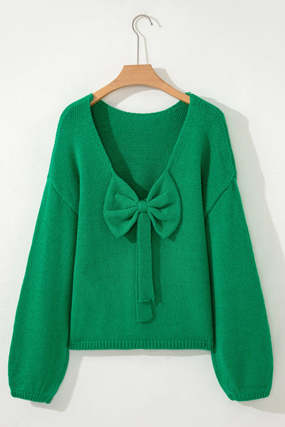 Bright Green Festive Bow Backless Bubble Sleeve Sweater