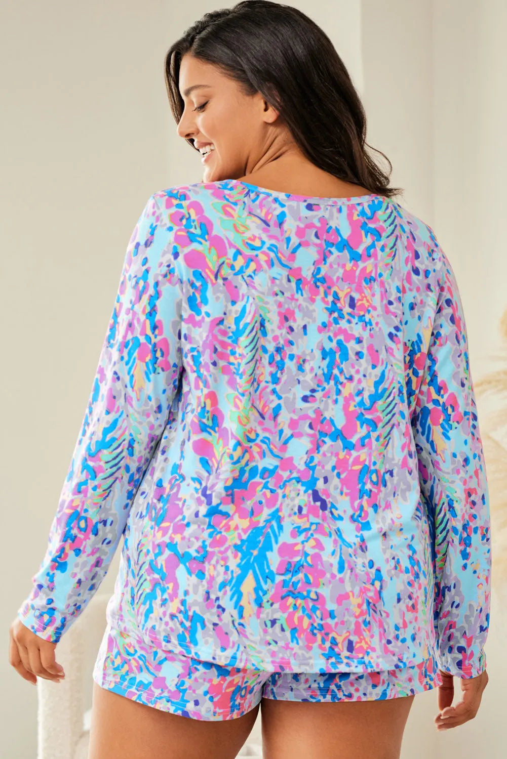 Sky Blue Plus Size Floral Print Long Sleeve and Shorts Lounge Outfit - Chic Meadow Boutique 