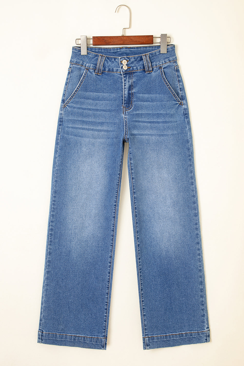 Sky Blue Double Button Zip Fly Straight Leg Jeans