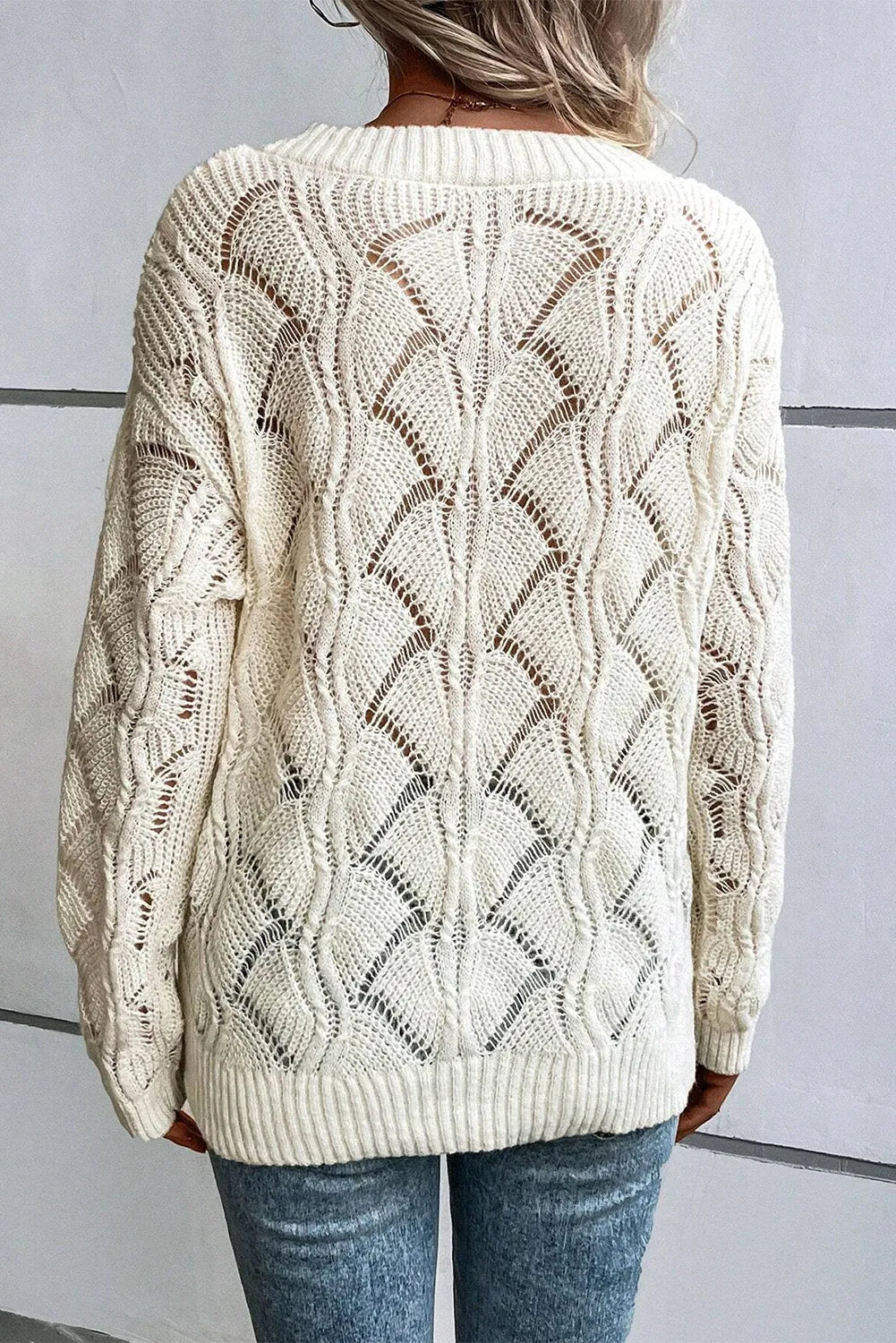 Beige Hollow Out Knit V Neck Drop Shoulder Sweater - Chic Meadow Boutique 