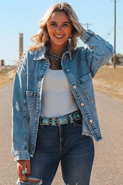 Sky Blue Studded Acid Wash Denim Jacket - Chic Meadow Boutique 