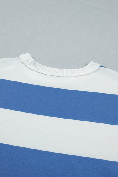 Blue Stripe Raw Seam Shoulder Detail Casual Tee Dress