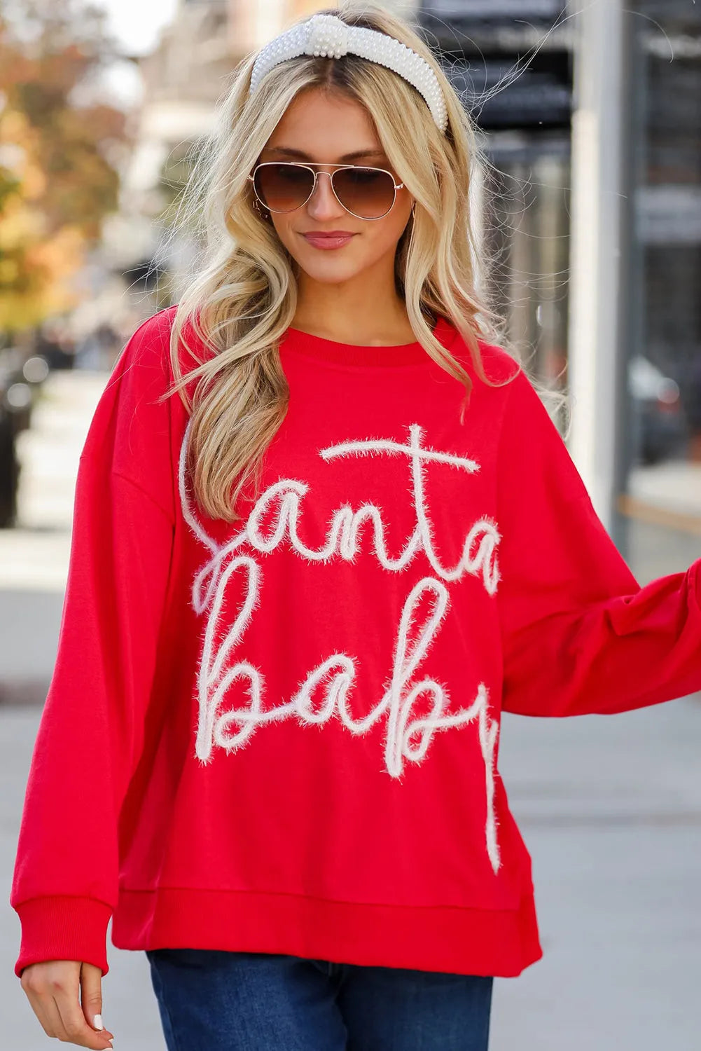 Fiery Red Christmas Santa Baby Tinsel Graphic Sweatshirt - Chic Meadow Boutique 