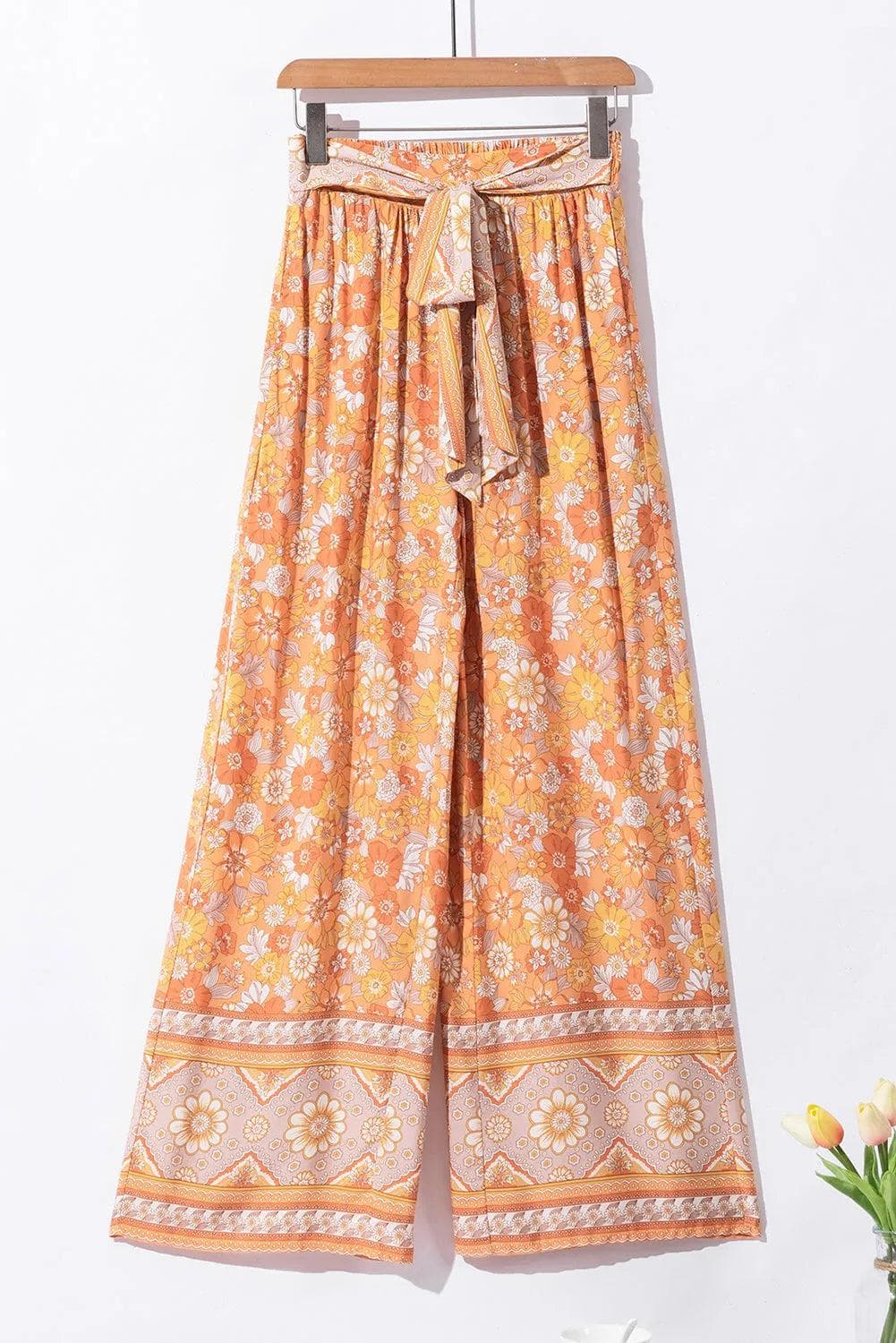 Bottoms/Pants & Culotte Grapefruit Orange Tie Waist Boho Floral Wide Leg Pants