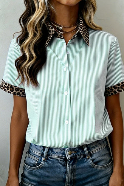 Green Stripe Leopard Contrast Collar Short Sleeve Shirt