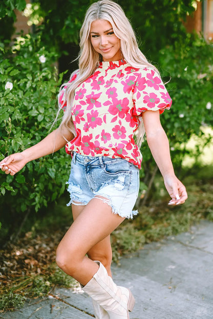 Beige Floral Puff Sleeve Frilled Neckline Blouse - Chic Meadow Boutique 