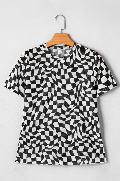 Black Checkered Print Mock Neck Mesh T Shirt