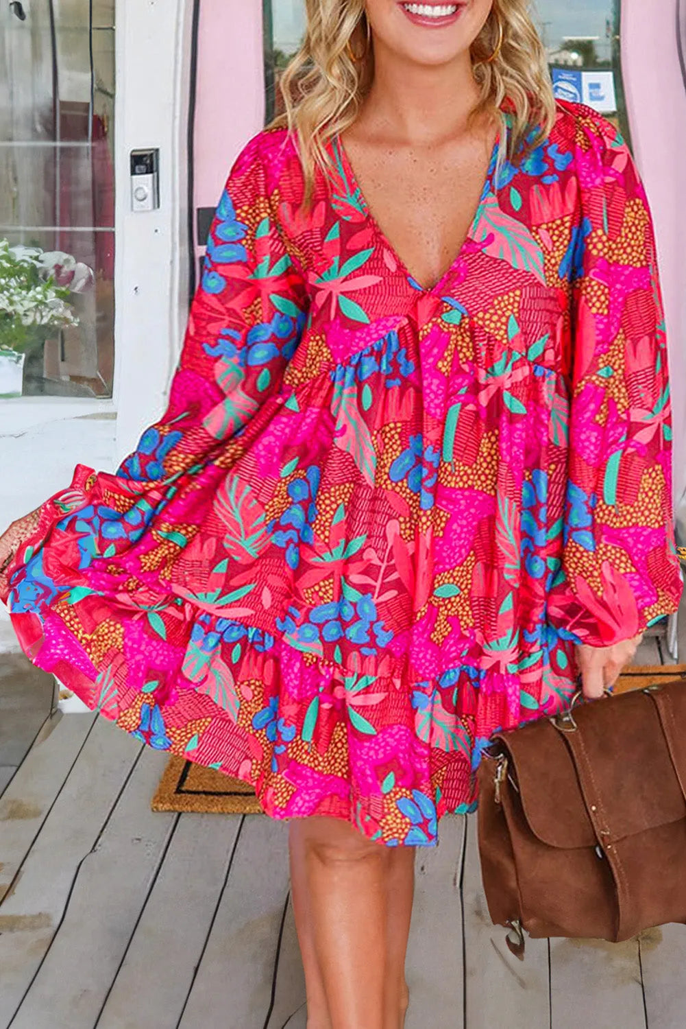 Rose Tropical Printed Lantern Sleeve V Neck Ruffled Plus Size Mini Dress - Chic Meadow Boutique 