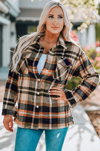 Orange Geometric Plaid Print Pocketed Shacket - Chic Meadow Boutique 