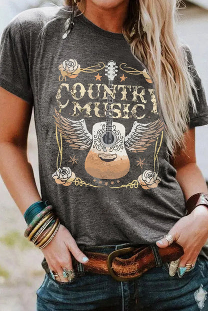 Gray COUNTRY MUSIC Guitar Graphic Print Crew Neck T Shirt - Chic Meadow Boutique 