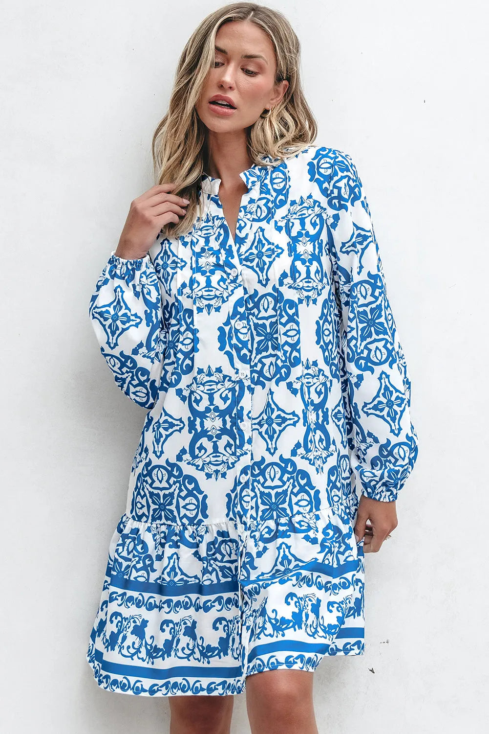 Sky Blue Tribal Print Button Up Notch Neck Loose Mini Dress - Chic Meadow Boutique 