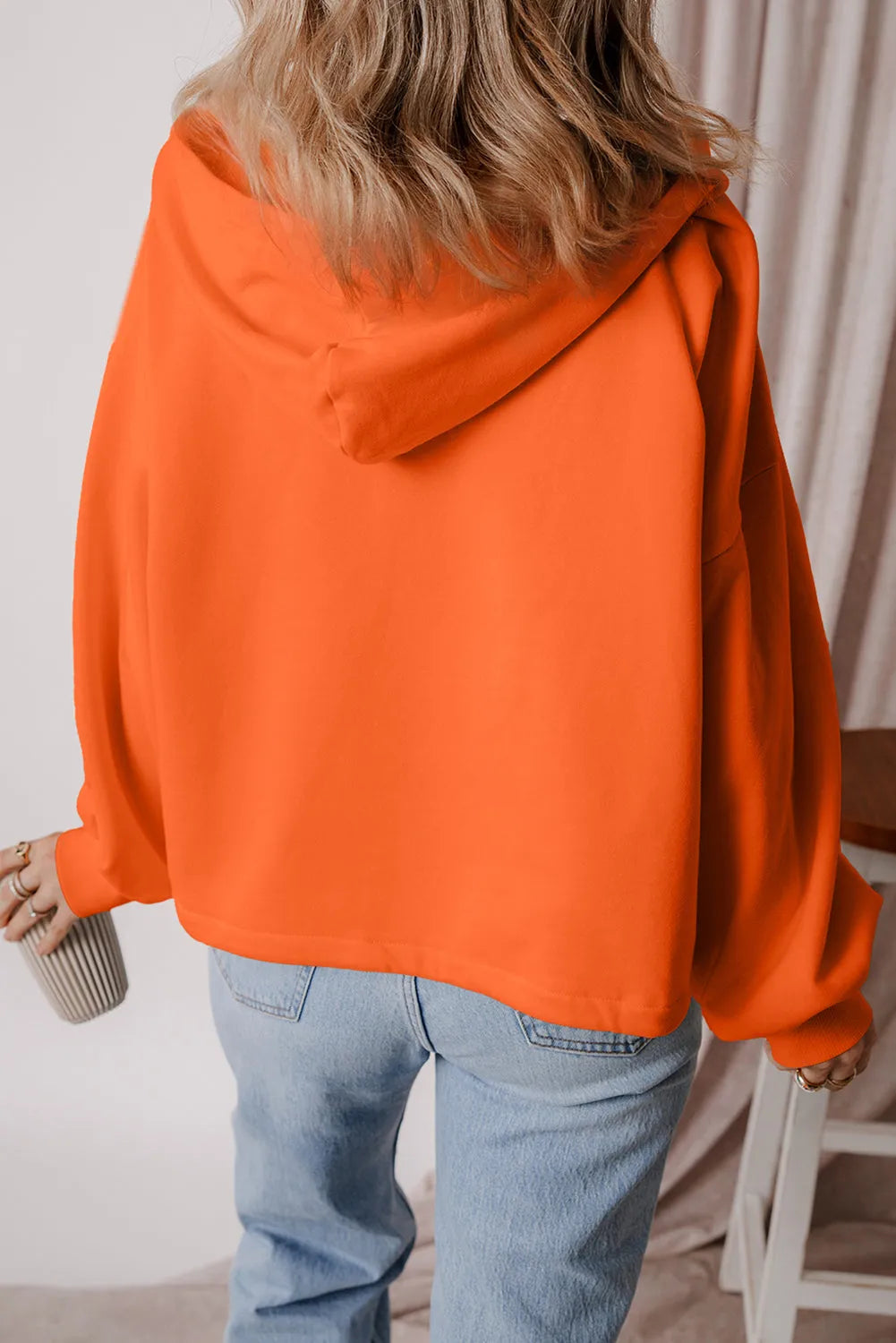 Orange Fleece Lined Half Zipper Kangaroo Pockets Loose Hoodie - Chic Meadow Boutique 