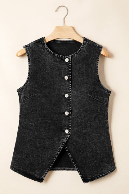 Black Buttoned Front Slit Denim Vest