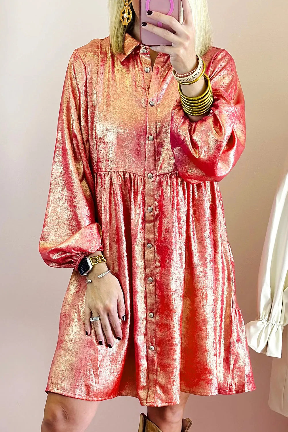 Peach Blossom Metallic Sheen Puff Sleeve Button Up Mini Shirt Dress - Chic Meadow Boutique 