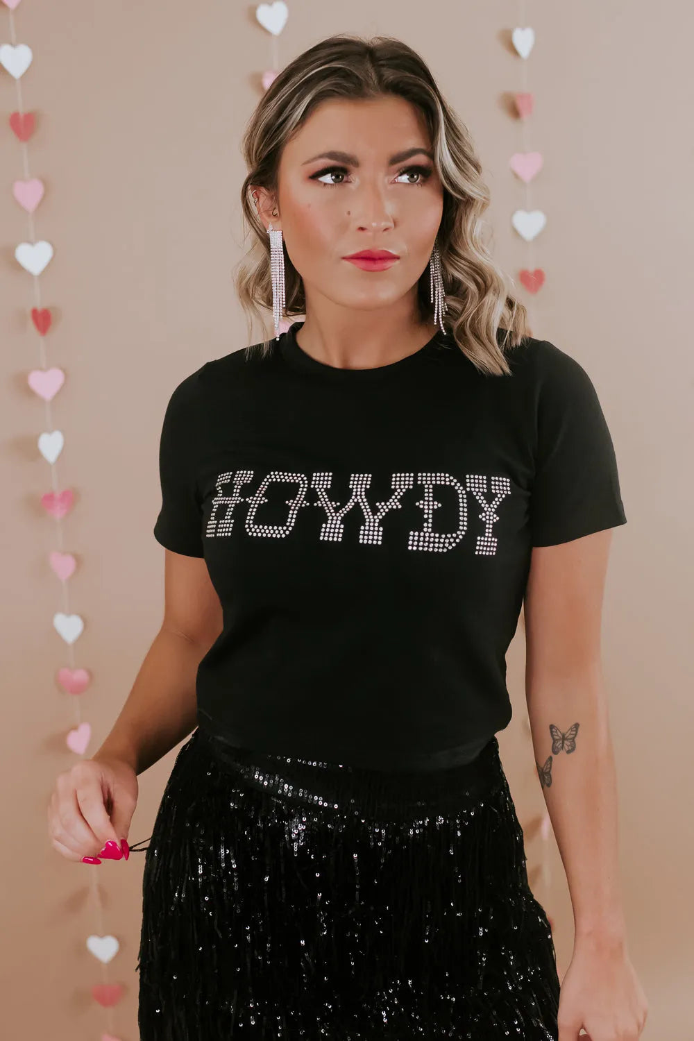 Black HOWDY Rhinestone Slim Fit Crew Neck T Shirt - Chic Meadow Boutique 