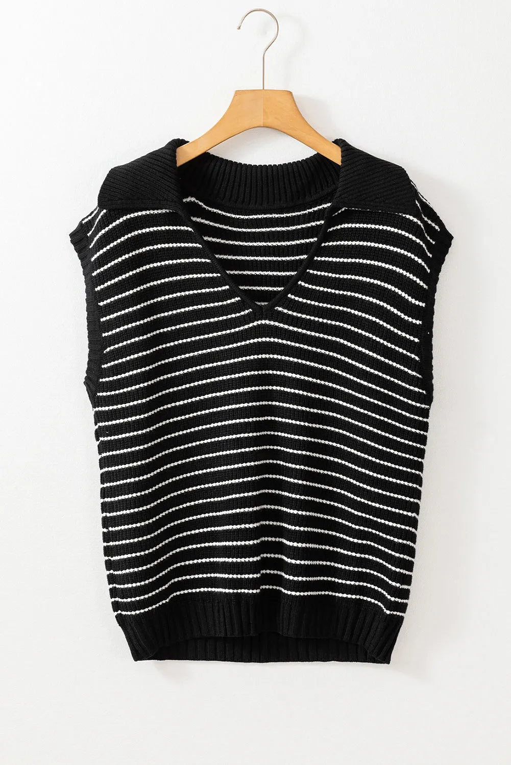 Black Stripe Turn-down V Neck Sweater Tank Top - Chic Meadow Boutique 