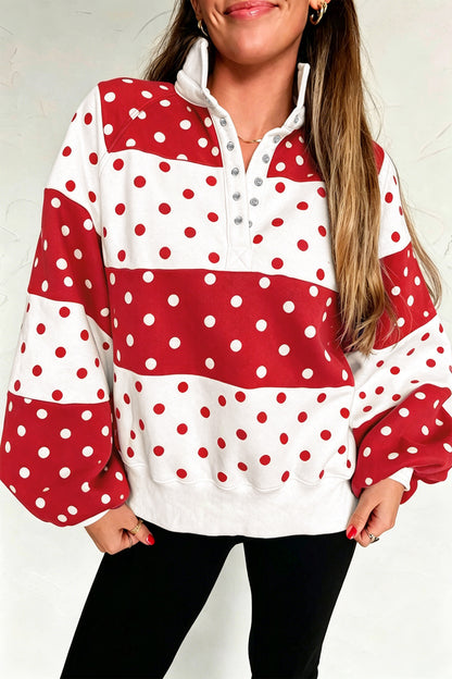 Red Polka Dot Colorblock Half Zip Puff Sleeve Pullover Sweatshirt