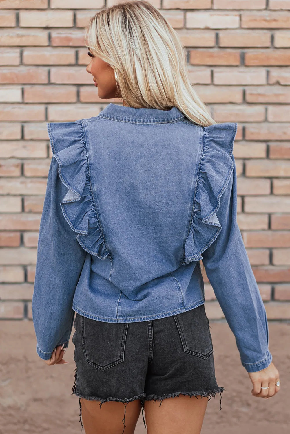 Dusk Blue Denim Ruffled Casual Top - Chic Meadow Boutique 