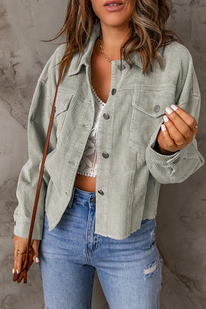 Sky Blue Raw Hem Flap Pockets Cropped Corduroy Jacket - Chic Meadow Boutique 