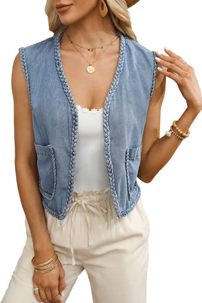 Ashleigh Blue Braided Trim Pocketed Denim Vest - Chic Meadow Boutique 