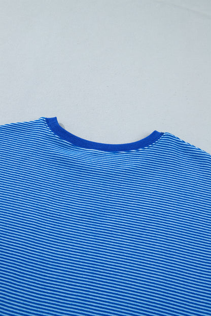 Blue Stripe Ribbed Cuffs Hem Long Sleeve Pullover Top