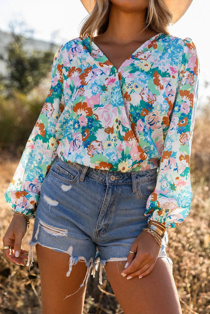 Sky Blue Floral Print Wrap Long Sleeve Bodysuit - Chic Meadow Boutique 