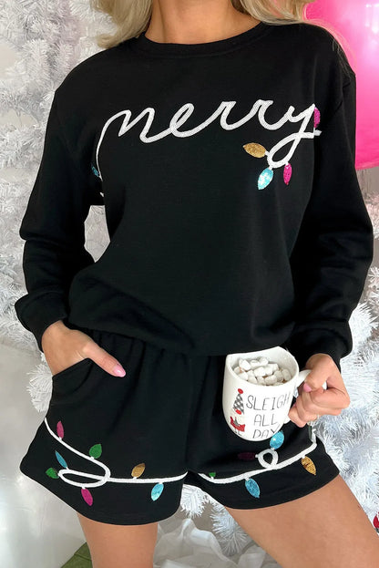 Black Sequin Merry Graphic Pullover and Shorts Outfit - Chic Meadow Boutique 