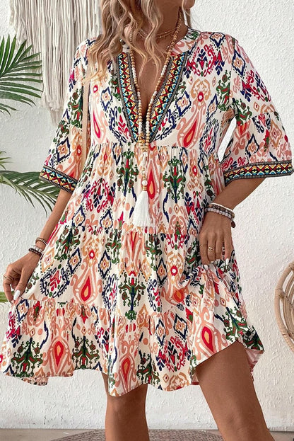 Dresses/Mini Dresses Multicolour Boho Print V Neck Bracelet Sleeve Mini Dress