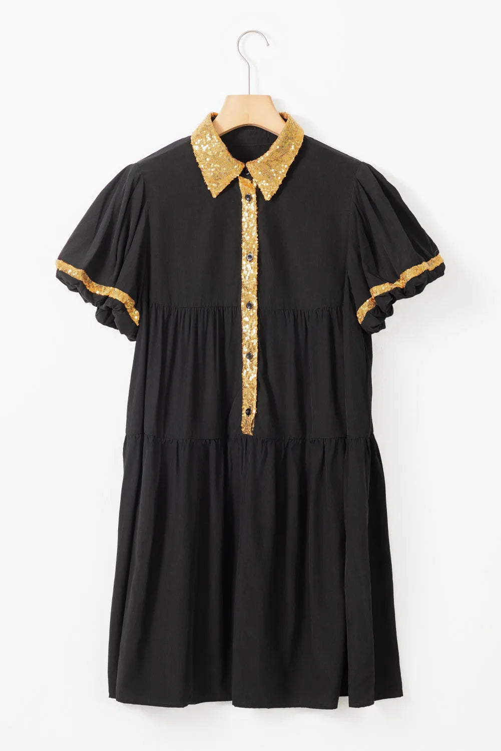 Black Sequin Trim Bubble Sleeve Game Day Shirt Dress - Chic Meadow Boutique 