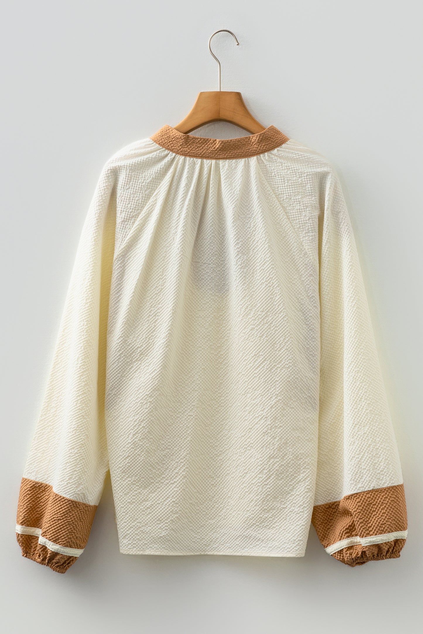 Jet Stream Color Block Patchwork Detail V Neck Textured Long Sleeve Blouse