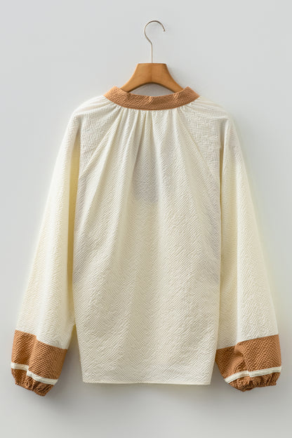 Jet Stream Color Block Patchwork Detail V Neck Textured Long Sleeve Blouse