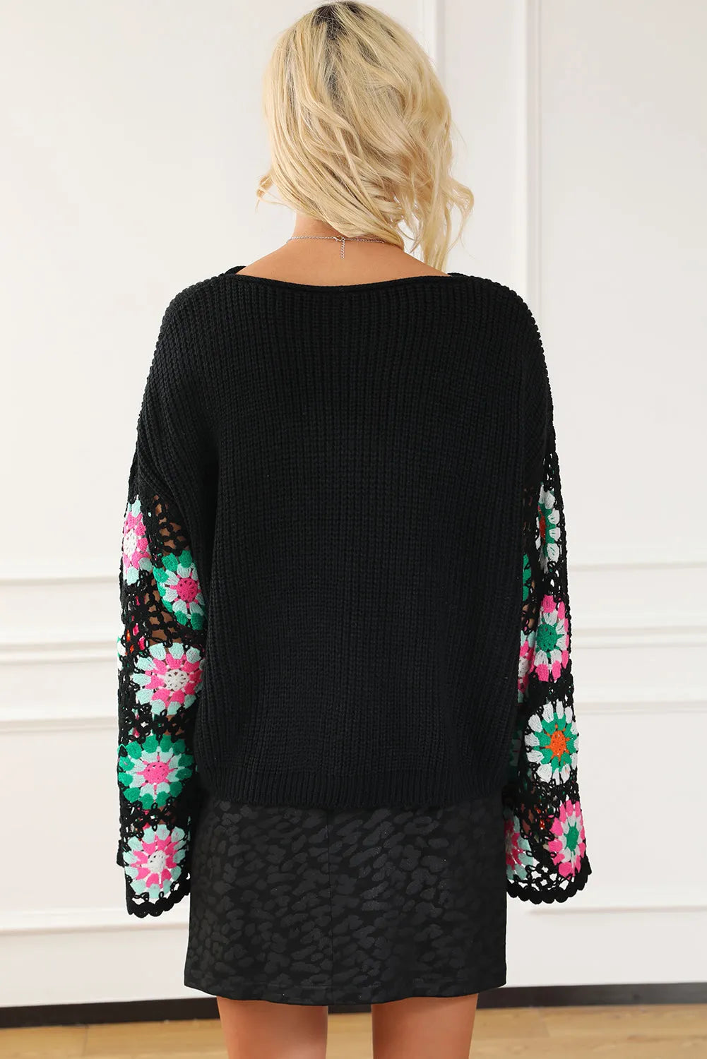 Black Floral Crochet Bell Sleeve Loose Sweater - Chic Meadow Boutique 