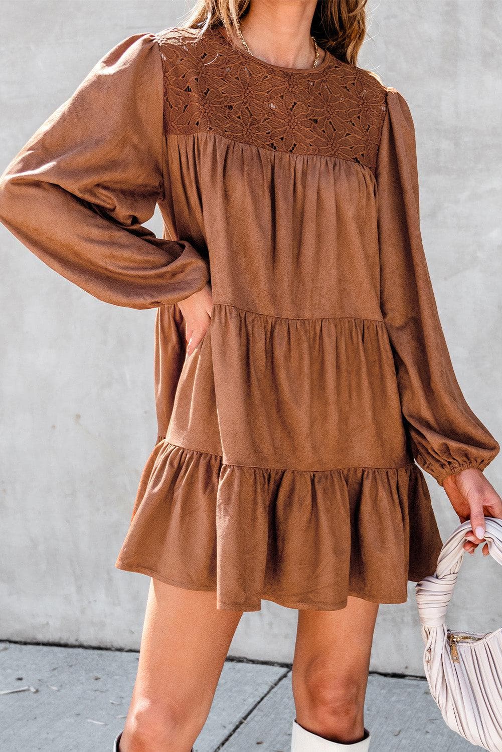 Dresses/Mini Dresses Chestnut Floral Lace Crochet Tiered Ruffled Mini Dress