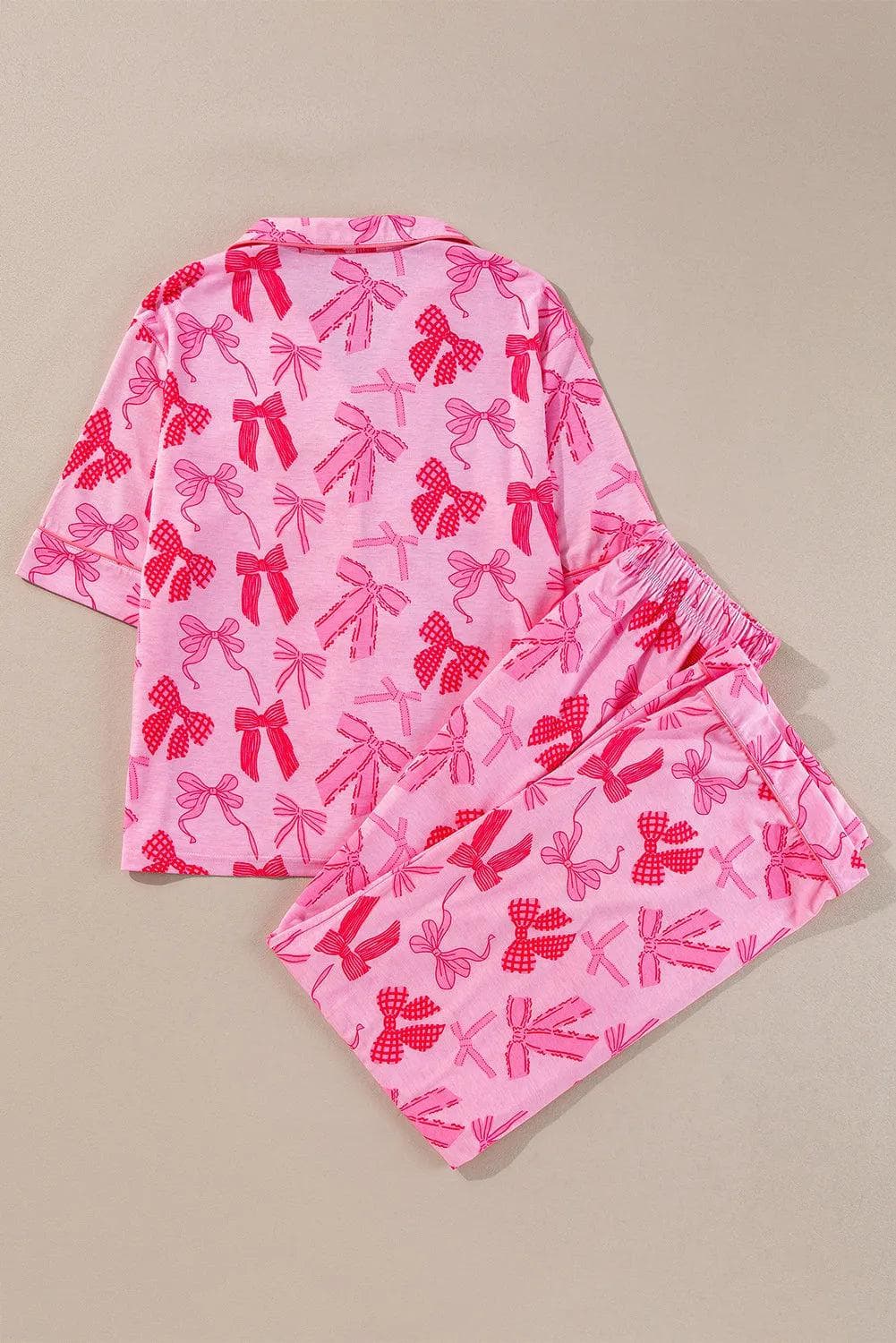 Loungewear & Sleepwear/Sleepwear Pink Bow Knot Print Lapel Collar Short Sleeve and Pants Pajamas Set